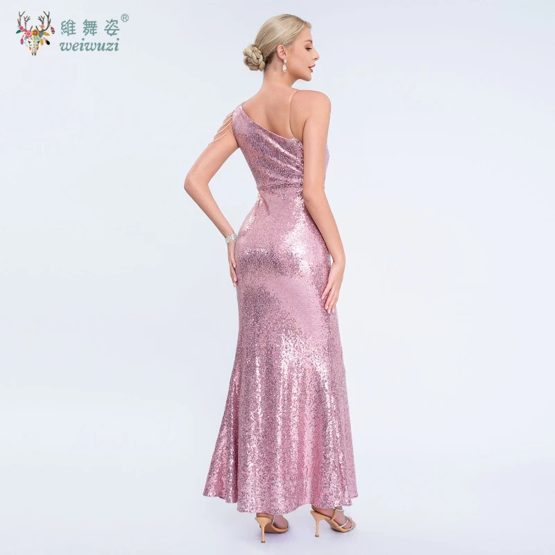 Sexy Slanted Collar Single Shoulder Sleeve Sequin Bead Fish High Slit Tail Evening Dress Elegant Bead Embroidered Evening Dress