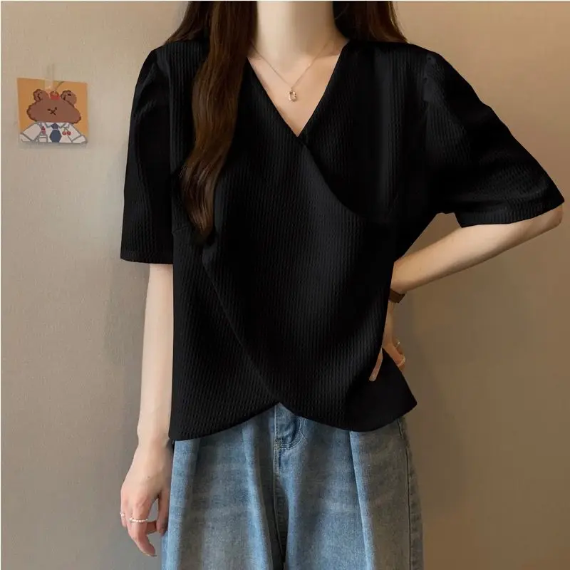 Odzież damska koreańska elegancka słodka Kawaii asymetryczny Design koszulka letnia z krótkim rękawem jednolite, luźne Y2K Streetwear topy