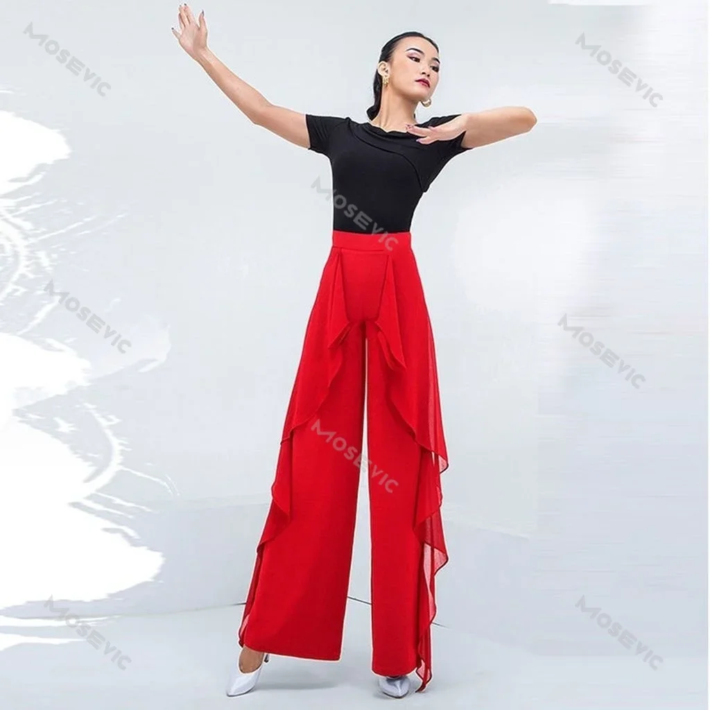 Pantalones de pierna ancha para mujer, pantalón de baile latino, cintura alta, volantes, baile moderno