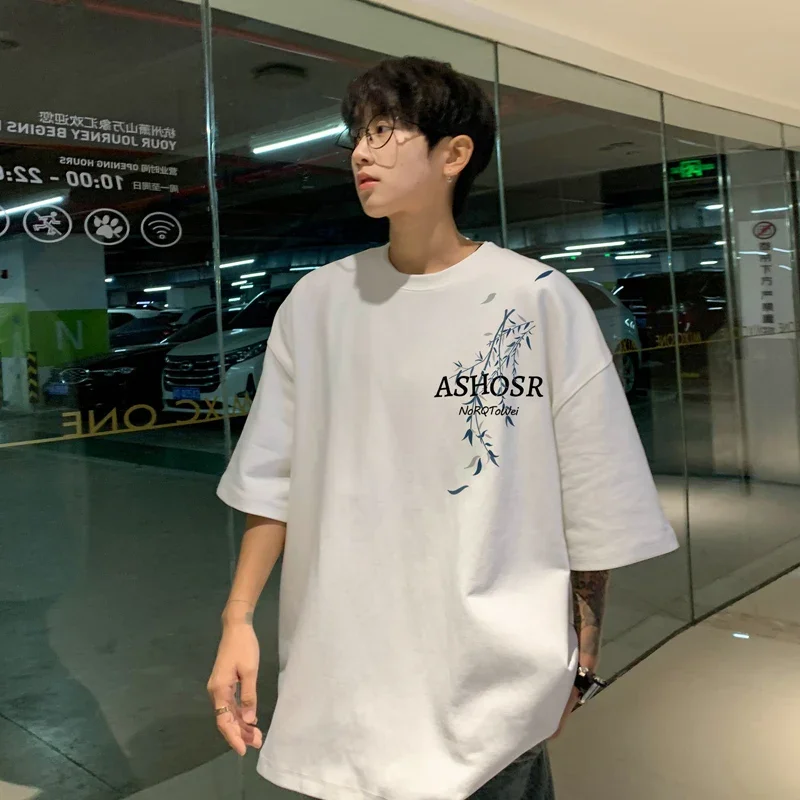 Men's Oversized T-shirts Funny 5XL White Cotton T Shirt for Men Casual Summer Wear Fashion Bamboo Print Tee Shirts Men Clothing