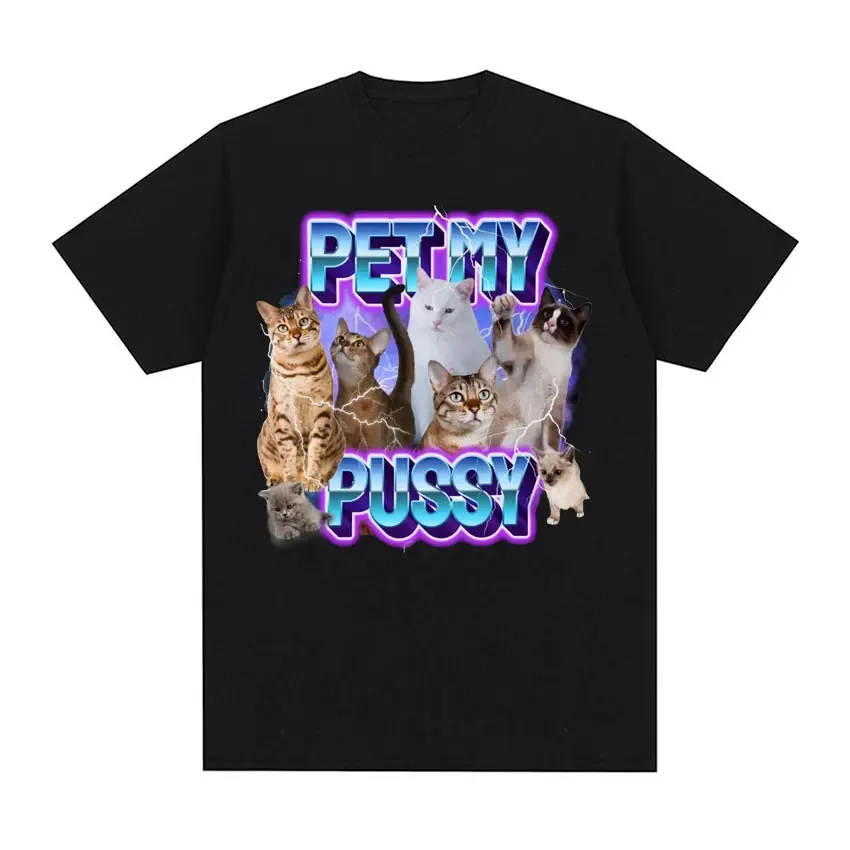 Pet My Pussy Cat Lover T Shirt Retro Cute Cats Short Sleeve T Shirts Men Teenager Fashion Kawaii Vintage T-shirt Streetwear