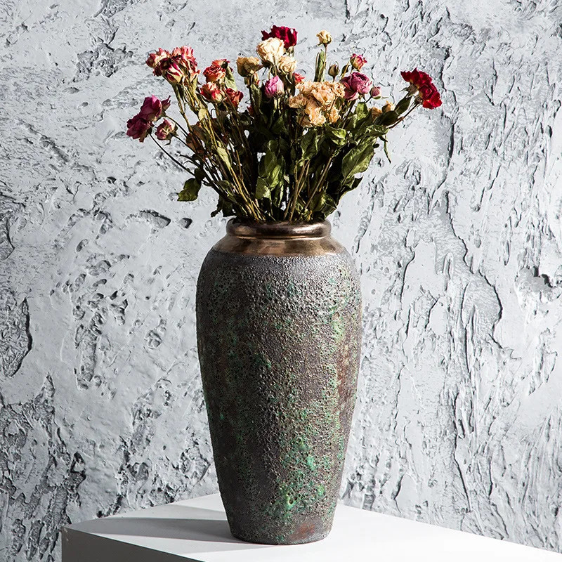Jingdezhen coarse pottery pot pottery gypsy dried flower vase retro small fresh vase living room flower arrangement ornament