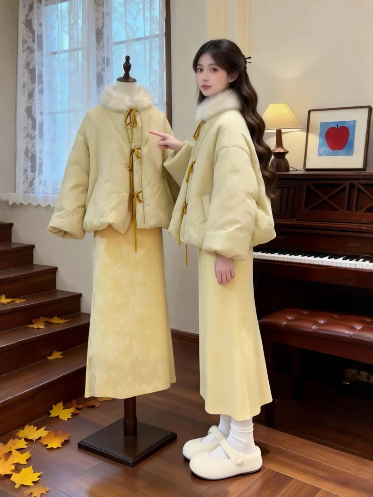 

Yellow Cotton Jaet And Qipao Dr Set for plus Size Women Warm Gentle New Chinese Sle Winter Outfit Two Piece Set