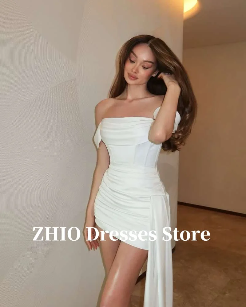 ZHIO Elegantes schulterfreies Mini-Hochzeitskleid aus Seidensatin, Brautkleid, sexy, formelles Geburtstags-Kurzkleid