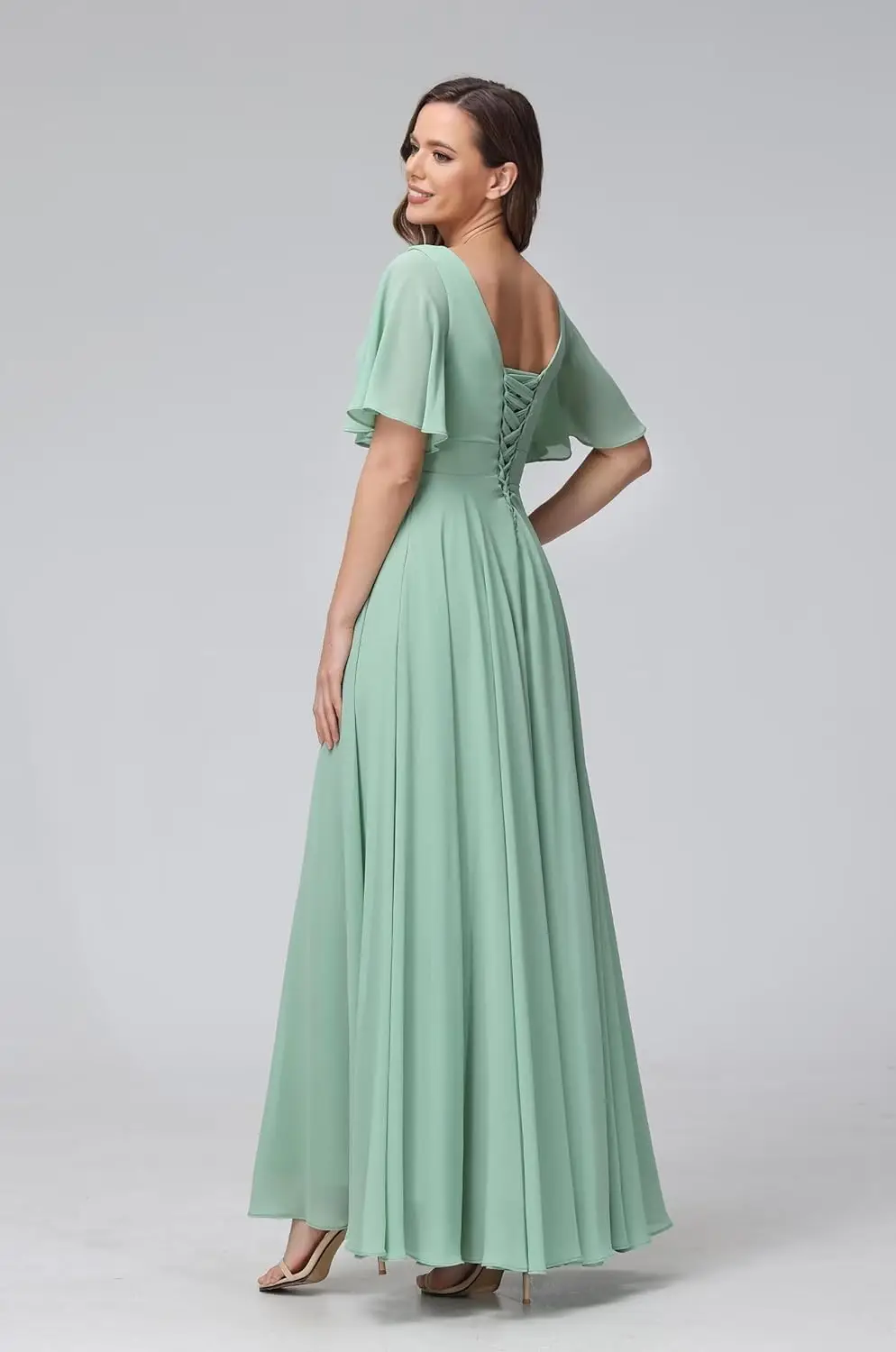 فستان وصيفة العروس من الشيفون بأكمام قصيرة لعام 2025 طويل مع فتحة رقبة مربعة وجيوب على شكل حرف a فستان رسمي لحفلات الزفاف #2