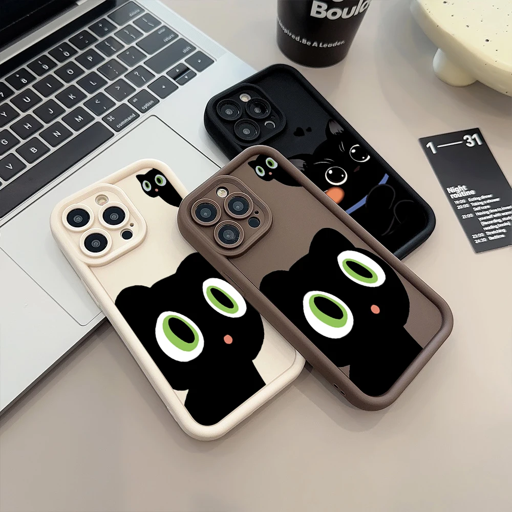 Etui na telefon iPhone 15 13 14 Pro Max 12 11 XS X XR 7 8 Plus SE 2020 2022 SE2 Cute Cartoon Black Cat Candy Soft Silicone Cover