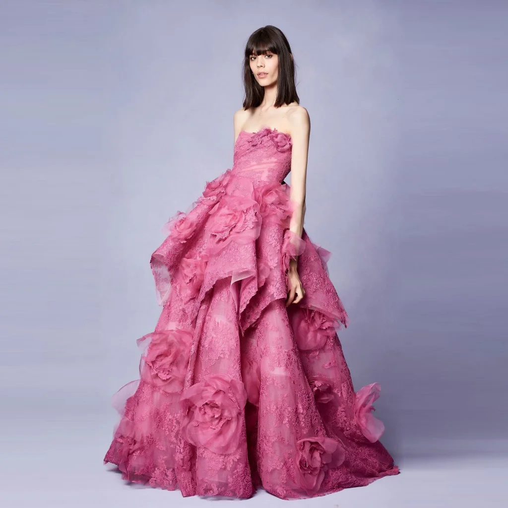 Sempre bonita-vestido maxi em camadas floral das mulheres 3d, vestido de baile rosa, vestido de festa, rendas, sem alças, fora do ombro, dubai