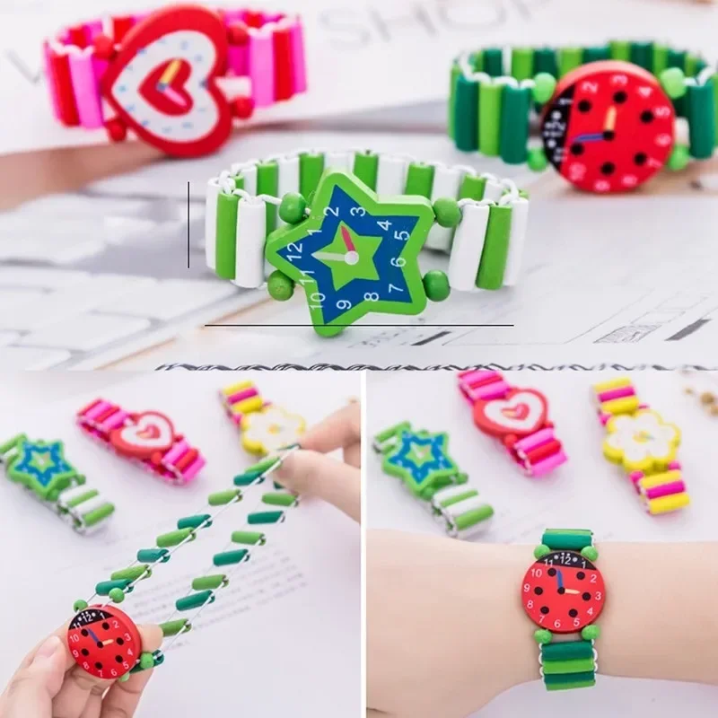 2024 Kids Girl Colorful Wood Bracelets Children Elastic Watch Wristbands Child Toy Bracelet Wholesales Birthday Gift Jewelry