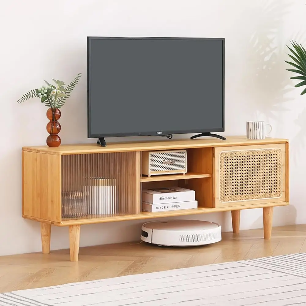 

Rattan Tv Stand For 55 H Tv, Bamboo Tv Cabinet With Adjustable Shelf And Storage, Boho Entertainment Center, Mid Modern Media
