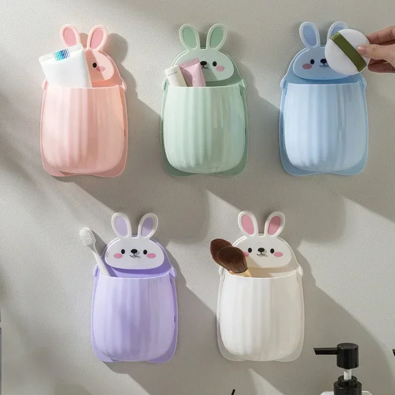 Cute Rabbit Wall Hanging Storage Rack Punch-free Wall-mounted Mobile Phone Remote Control Bathroom Storage Box Makeup Organizer