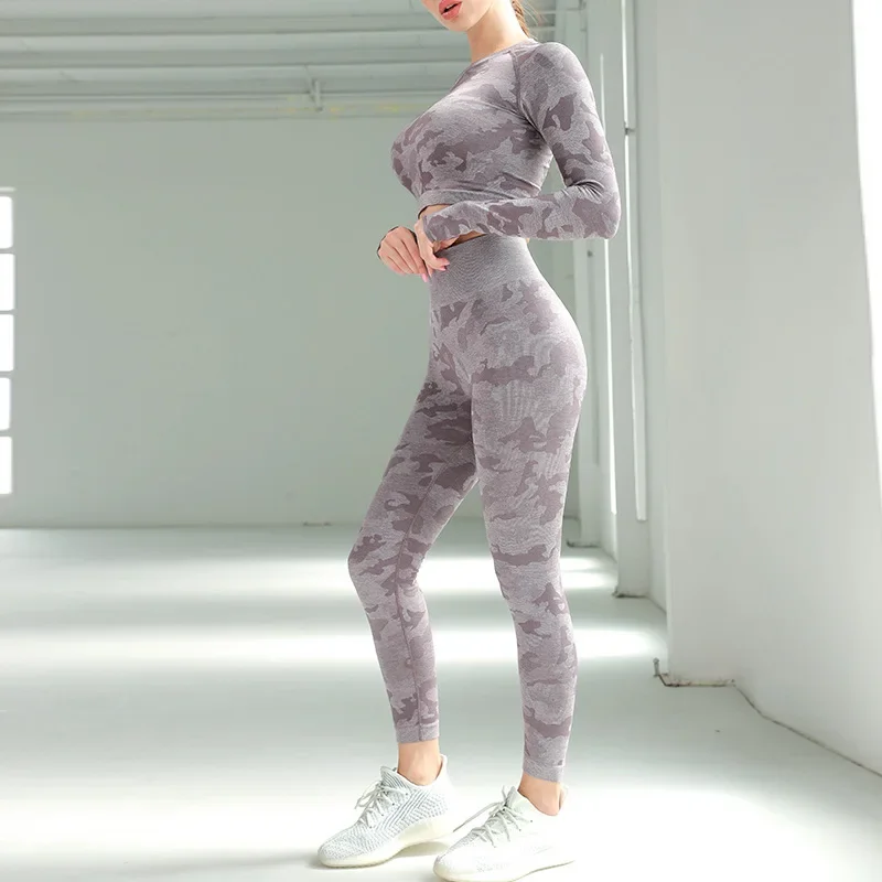 

Women 2pcs Seamless Yoga Set Sport Suit Gymwear Workout Clothes Long Sleeve Gym Crop Top High Waist Leggings Fitness Sports Wear