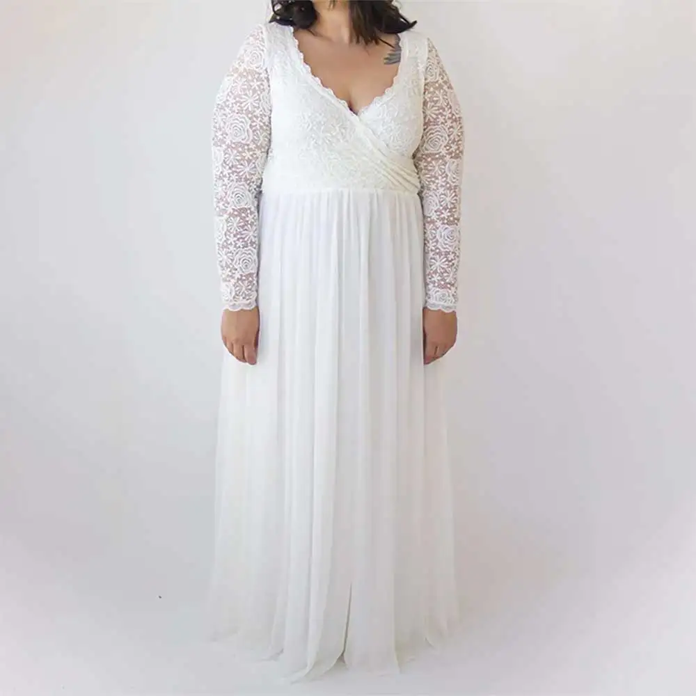 

Plus Size V Neck Long Sleeve Lace Pleated A Line Wedding Dress Elegant Bridal Gowns Bridal Dress Party Gowns Women Luxury