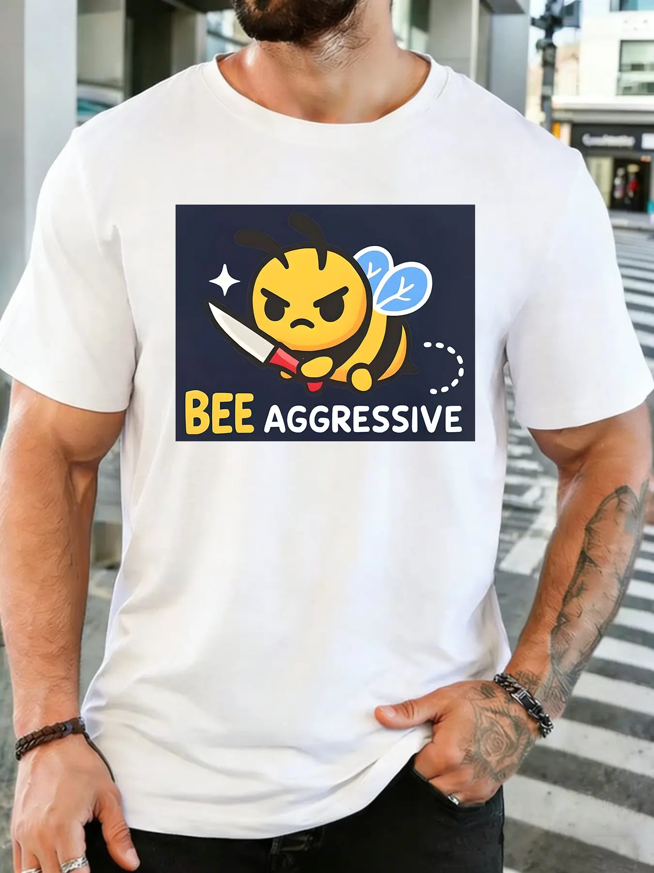 Mens Soft Crew Neck Tshirt Bee Aggressive Mad Bee With Knife Cartoon Print Short Sleeve Tee For Humor Lovers Daily Street Wear