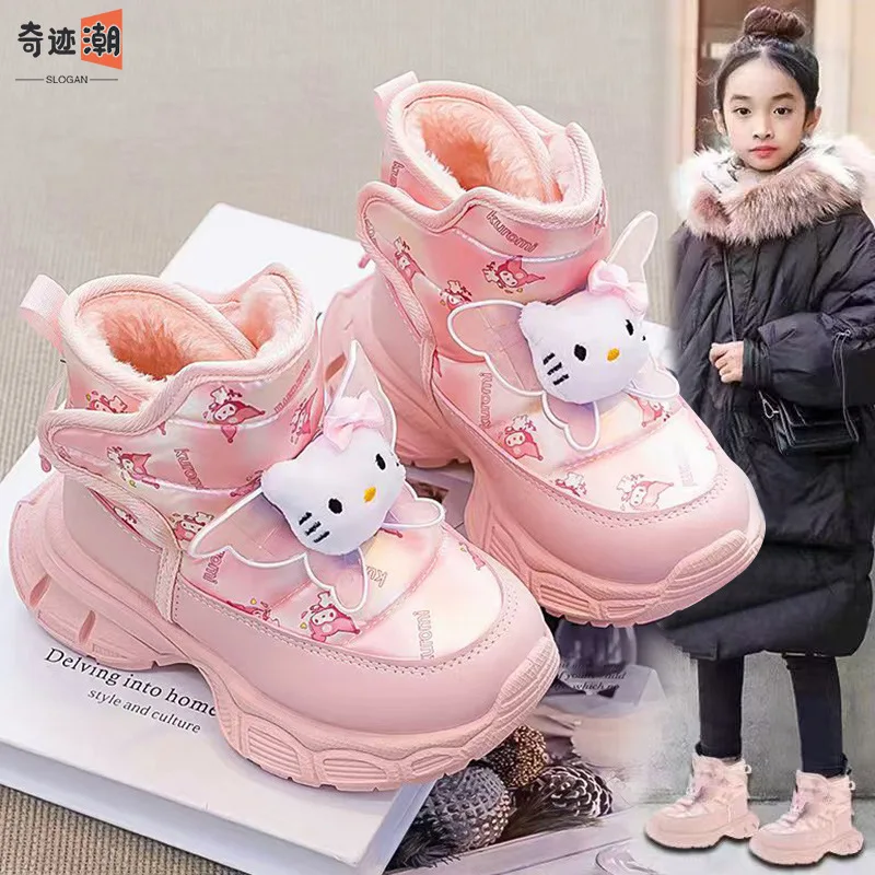

Hot Sanrio Hello Kitty Girl Winter Fashion Thick Sole Fleece-Lined Cotton Shoes Student Keep Warm Child Non-Slip Snow Boots New