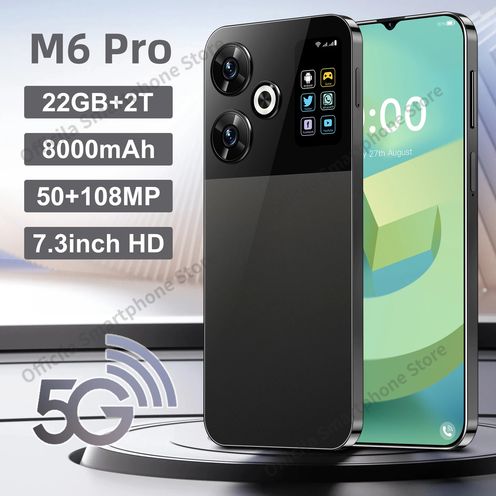 Оригинальный смартфон M6 Pro, 5 г, глобальная версия, 22 ГБ + 2 ТБ, 4G, мобильный телефон с двумя SIM-картами, Android 14, разблокированный мобильный телефон, Celular NFC