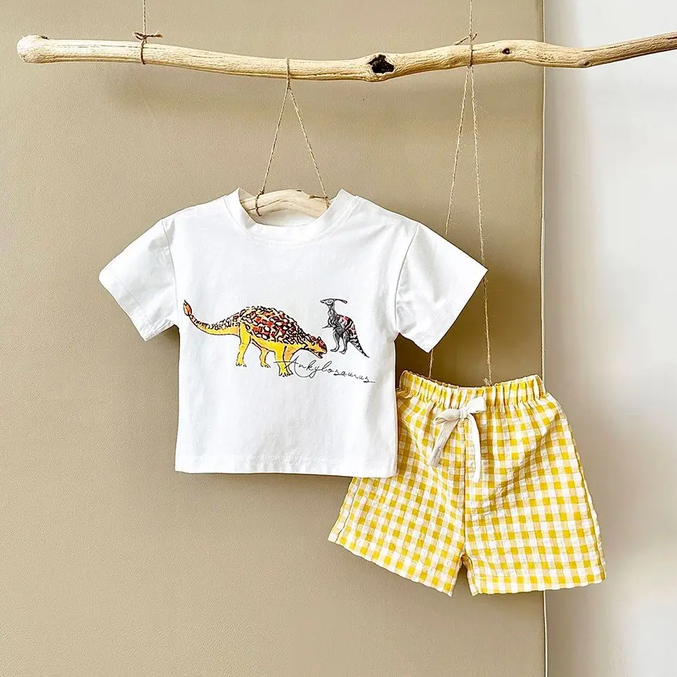 Ins Newborn Baby Boys Clothing Sets Dinosaur Print T-shirt+Checkered Shorts Summer Girl Kids Clothes Set Toddler Outfit 0-3Y