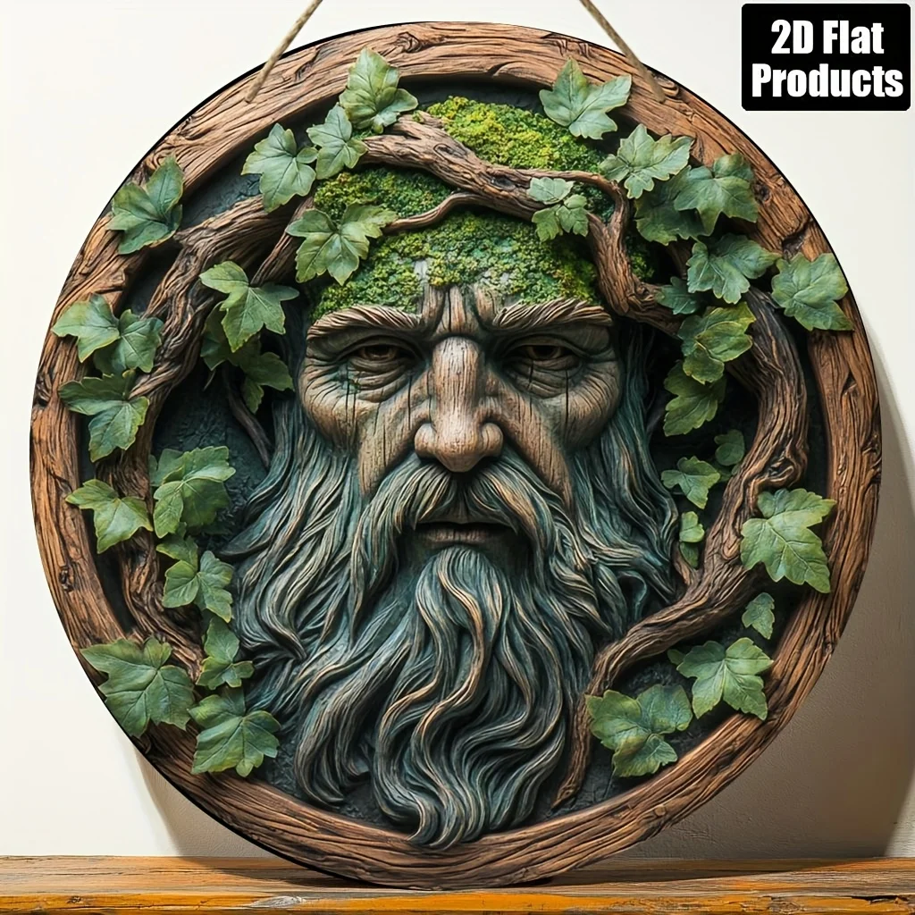 2D Flat, 1pc, Round Wooden Board Decorative Sign, Green Human Forest Elf Theme, Suitable for Bar Kitchen Cafe Home Room Living R