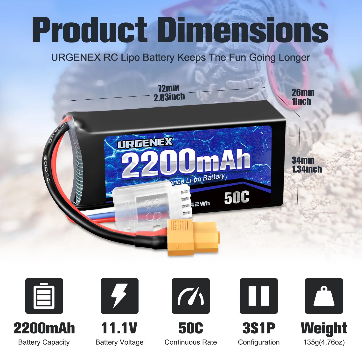 URGENEX 3S Lipo Battery 2200mAh 11.1V 50C High Discharge Rate RC Batteries with XT60 Connector Fit for RC Car Truggy, RC Airplan