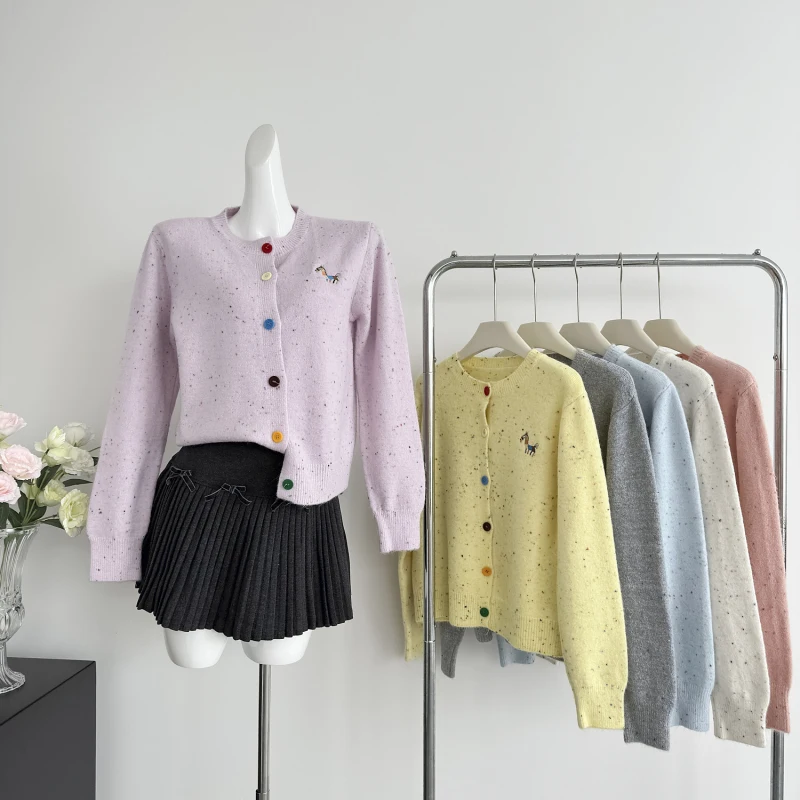 Pony Embroidered Sweater Cardigans for Women Fashion Korean Style Colorful Dots Buttons Women\'s Casual Knitting Tops Female