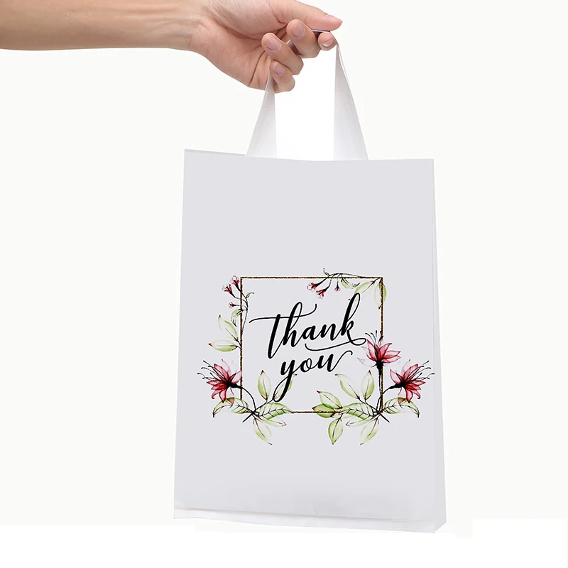 50Pcs/lot 25x35cm Lovely Flower Thank You Gift Bags White Black Clothing Plastic Shopping Bags for Small Business Hot Sale