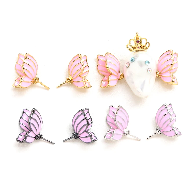1 pair  copper plated real gold dripping oil Butterfly Fairy Wings DIY hand made jewelry baroque pearl pin accessories materials