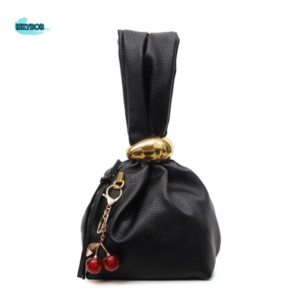 

Solid color Lichee Pattern PU Clutch Bag Large Capacity Cherry Pendant Party Evening Bag Side Zipper Handbag Pleated Bucket Bag