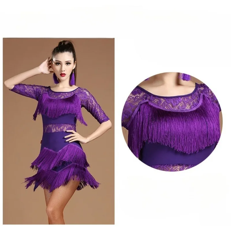 فستان رقص لاتيني جديد للنساء البالغات زي أداء من الدانتيل هامش قاعة الرقص المنافسة #3