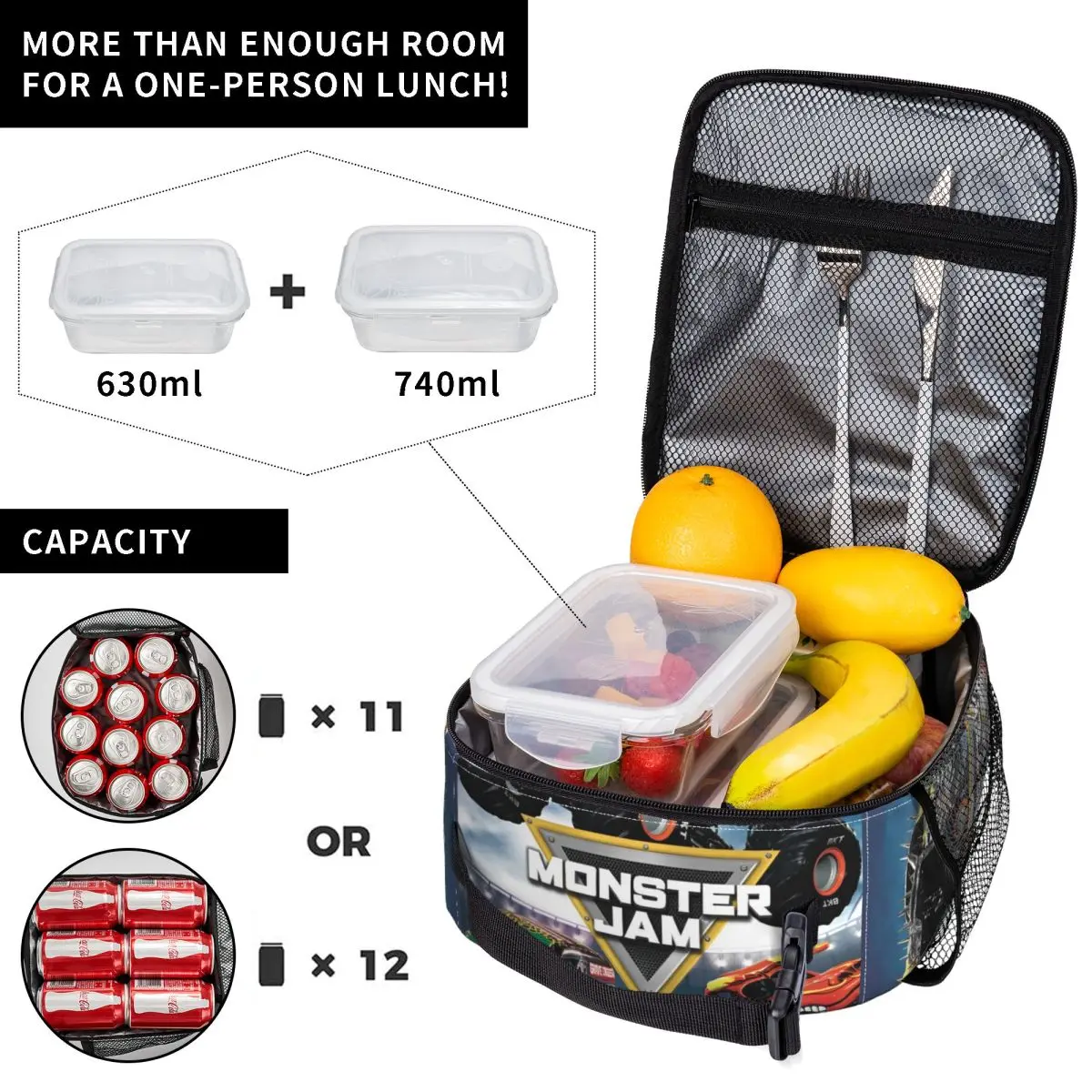 Monster Jam Monster Trucks Insulated Lunch Bag Thermal Bag  Meal Container High Capacity Tote Lunch Box Food Bag Work Outdoor