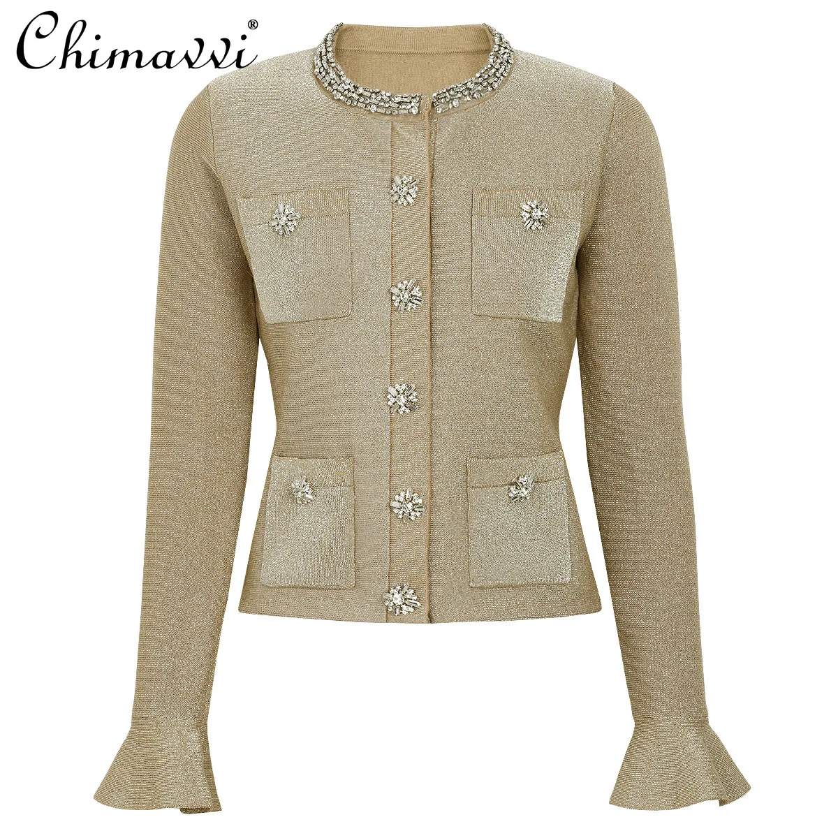 

Весенне-осенний новый модный вязаный приталенный свитер с рукавами-лотосами и стразами, женский элегантный кардиган с длинным рукавом