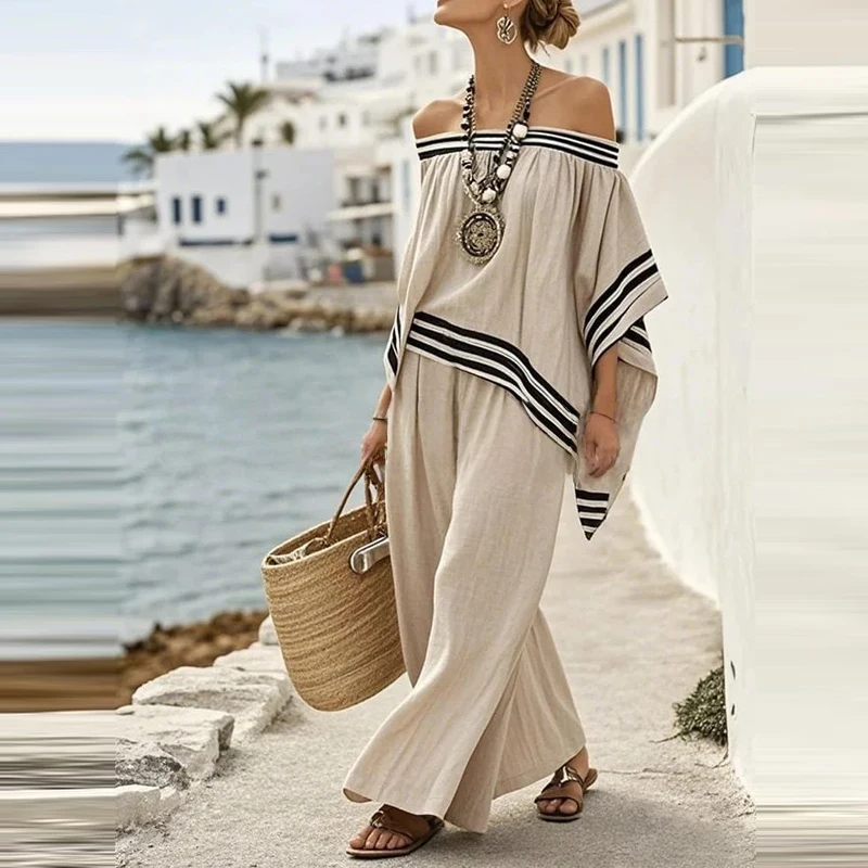 

Комплект из топа с открытыми плечами и длинных брюк для женщин: повседневный костюм из 2 предметов с рукавами-накидками, однотонный, модный, с полосатым принтом, свободного кроя