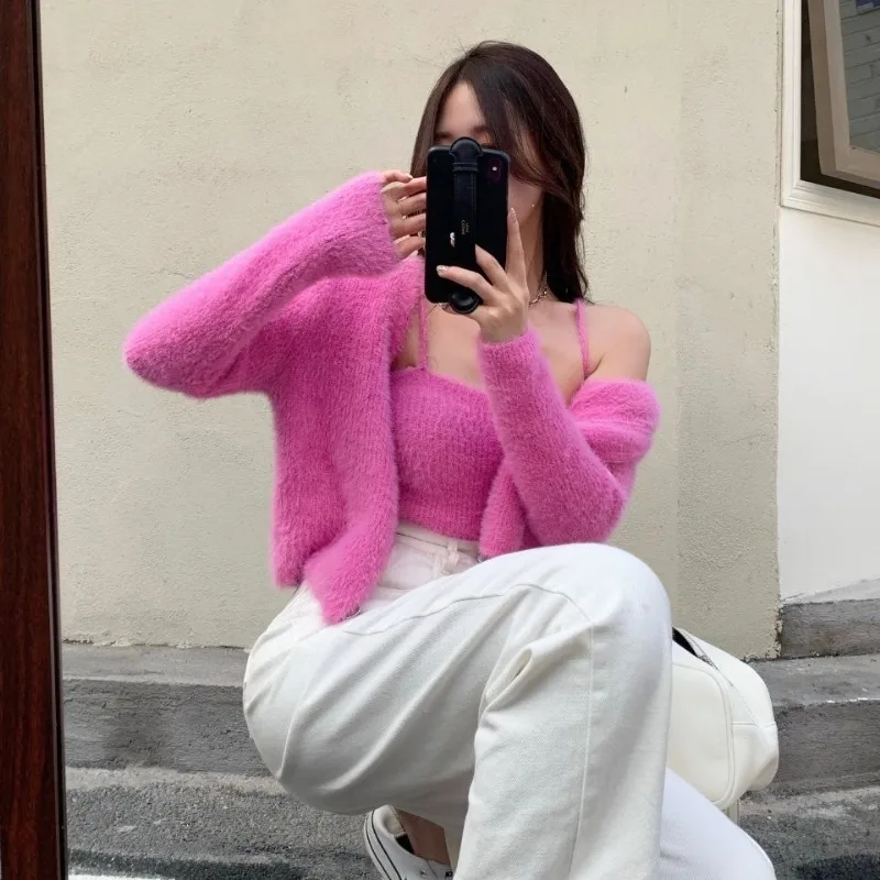 Tender Korean Style Sets Women Hotsweet Knitted Stylish Autumn Cardigans Pure Color Simple Crop Tops Camisoles Elegant Two Piece