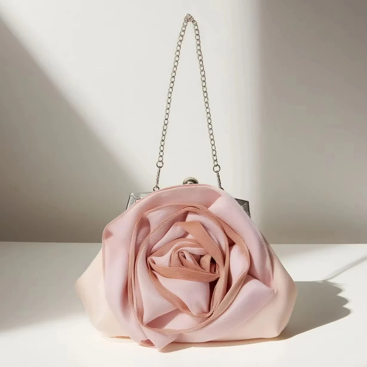 

2026 New Style Silk Evening Bag Rose Pure Color Women's Handbag Soft Polyester Fiber Dinner Clutch round Shape Neutral Minim