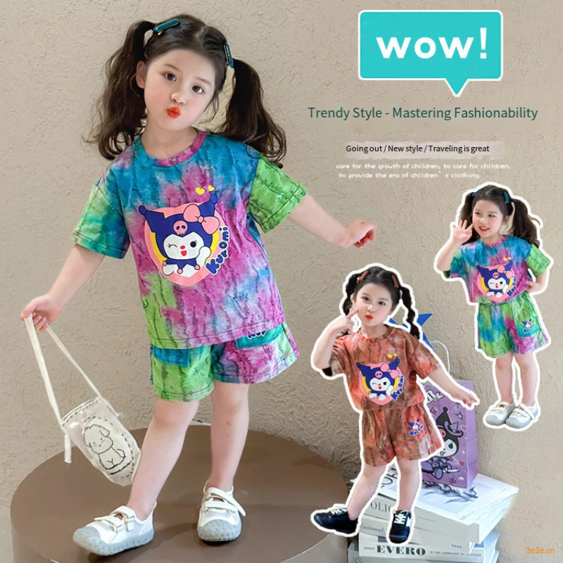 

New 2Pcs Sanrios Child Suit Girl Summer Shorts Set Kuromi Children's Clothing Sports Set Kids Girls Clothes Thin T-Shirt Shorts