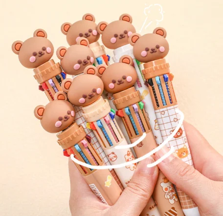 Bear 10 Color Ballpoint Pen, Cute Cartoon Push Button Multicolor Pen, Student School Supplies for Writing Drawing Gift for Kids