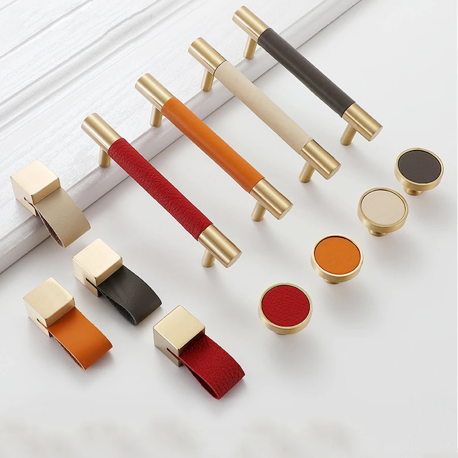 High Quality Copper Leather Cabinets Handle Cupboards Drawer Door Pull Knob Copper And Leather Handles