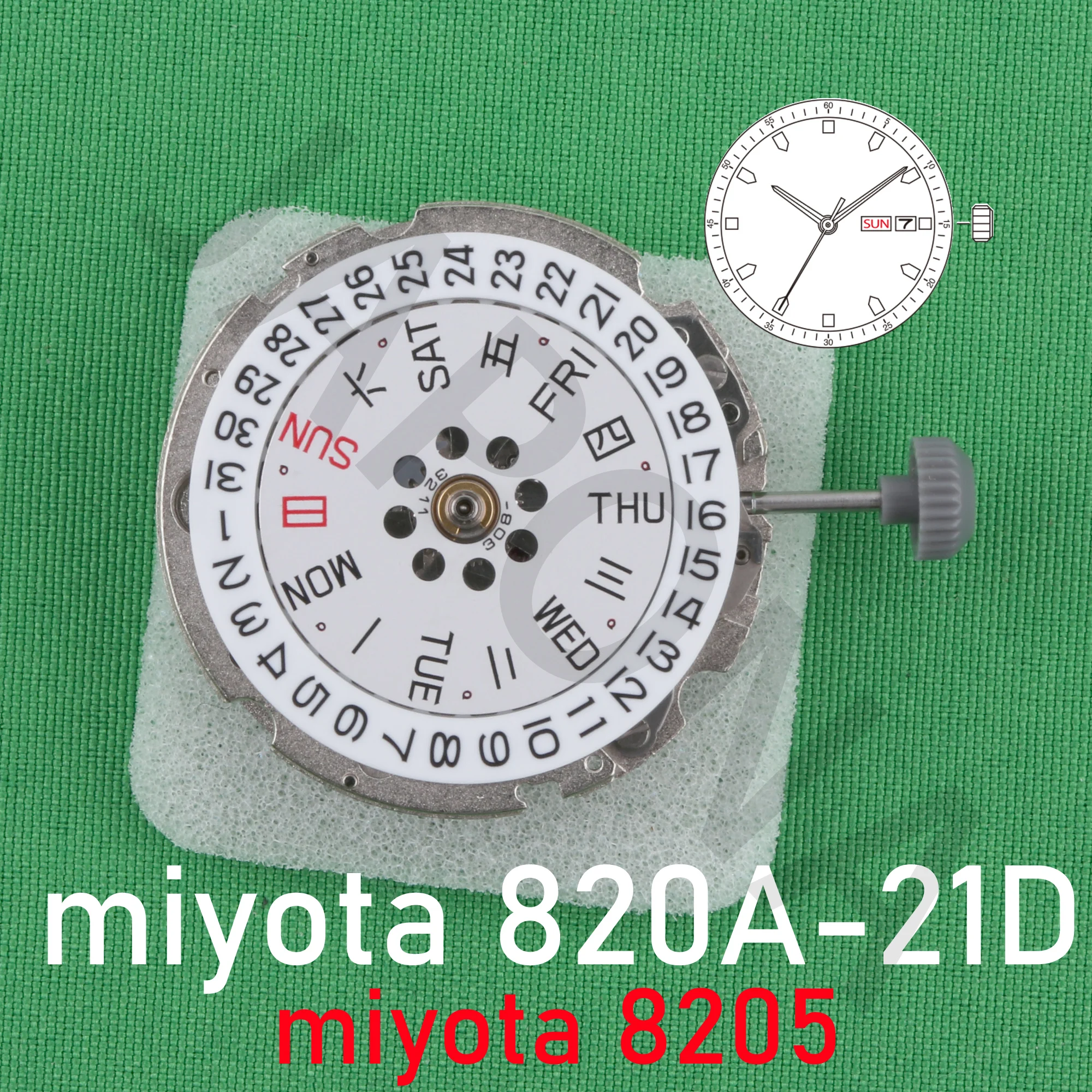 8205 movement silver miyota 820a-21d MIYOTA’s signature standard mechanical movement 3 hands with date/day at 3o\'c 8205 820a 820