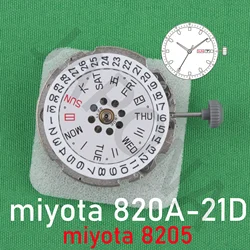 8205 movement silver miyota 820a-21d MIYOTA’s signature standard mechanical movement 3 hands with date/day at 3o'c 8205 820a 820