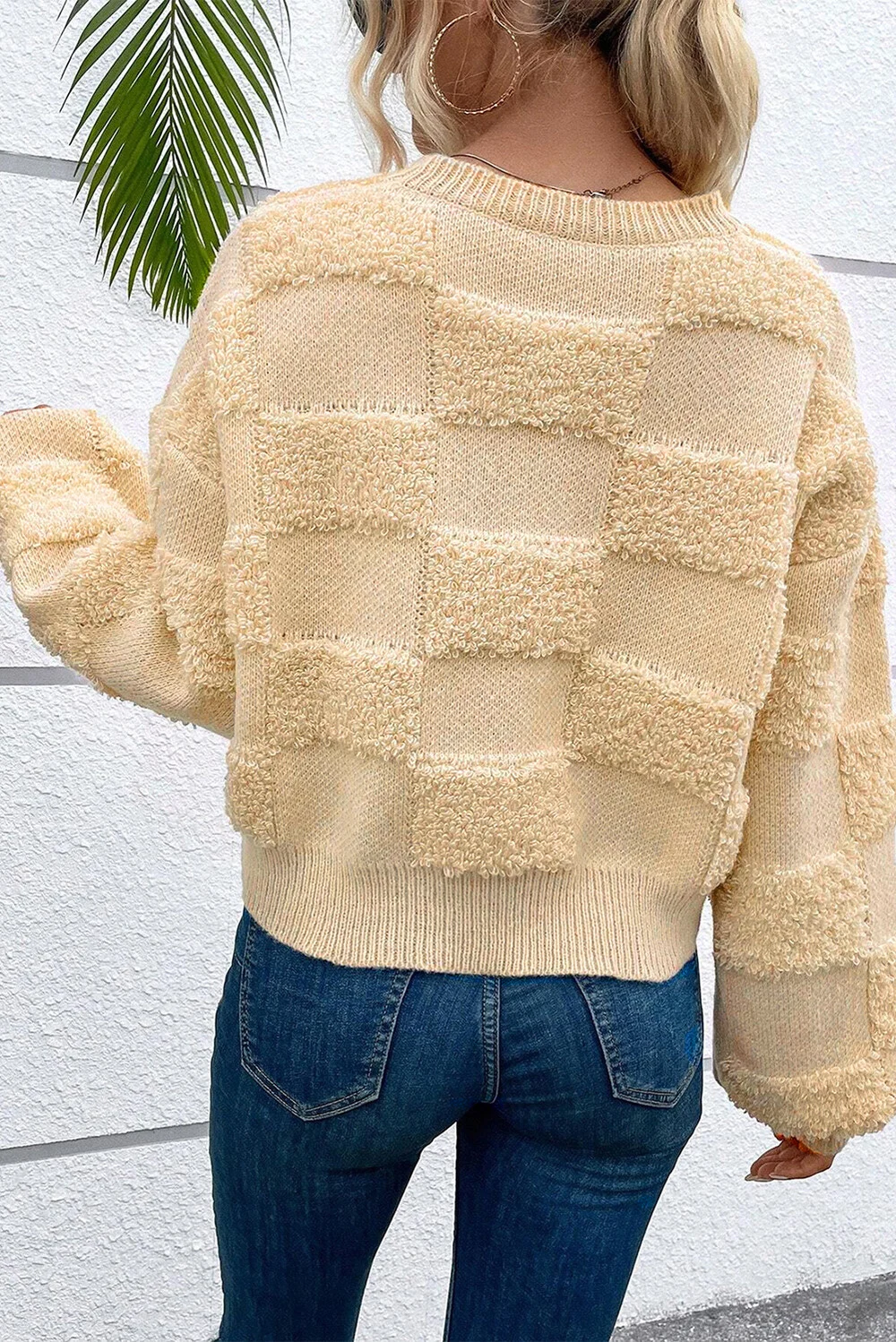 Women's Beige Textured Checkered Knit Sweater Crew Neck Fluffy Patchwork Oversized Casual Long Sleeve Pullover