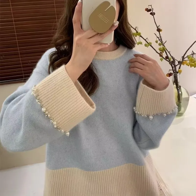 

Korean Style Beading Color Matching Sweater 2025 New Women Autumn Winter Knitted Sweater Casual Outwear knitted Pullover Sweater