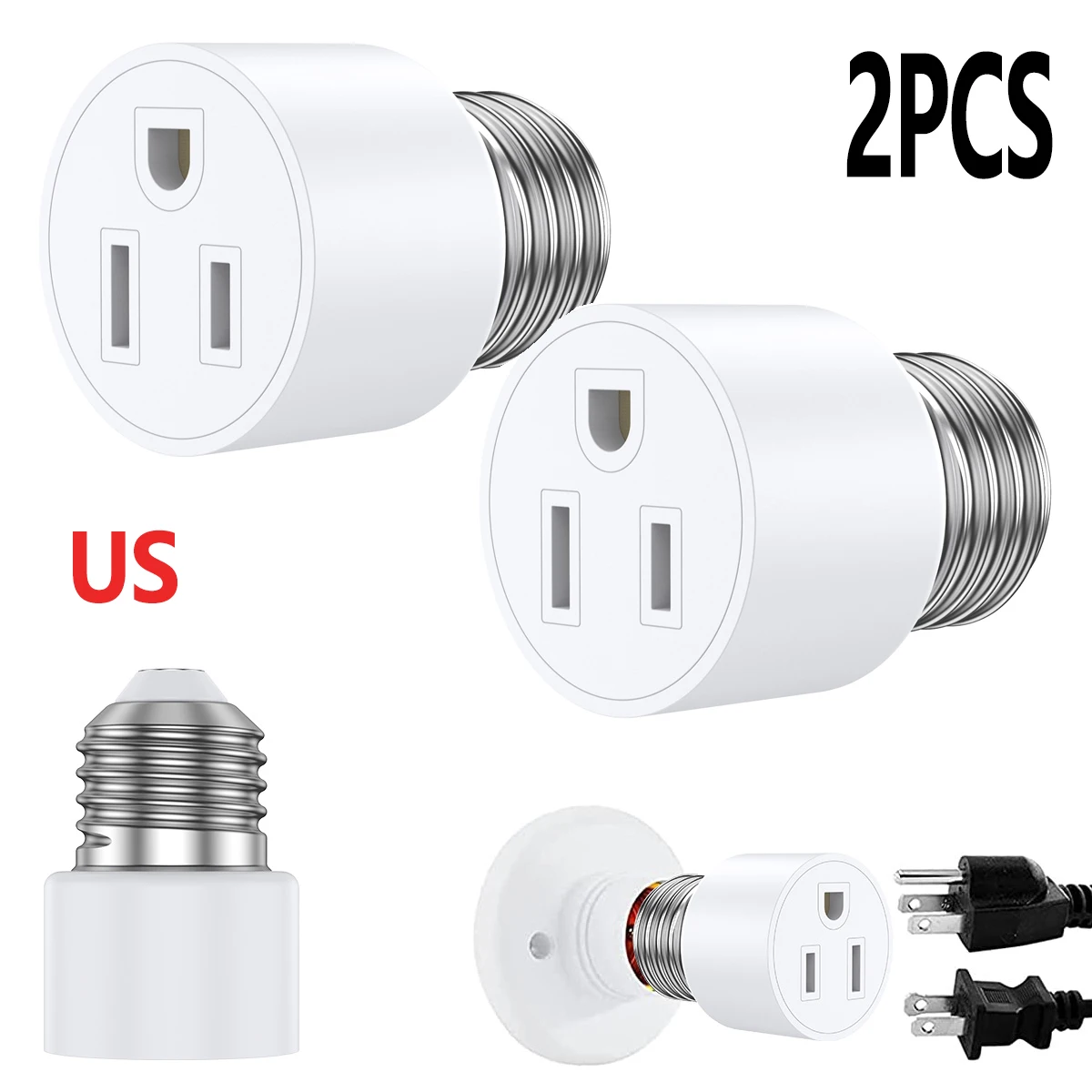 2PCS Universal Travel Adapter Light Socket 1250W Heat Resistant E26/E27 Multifunctional Flame Retardant Converter Socket Plug