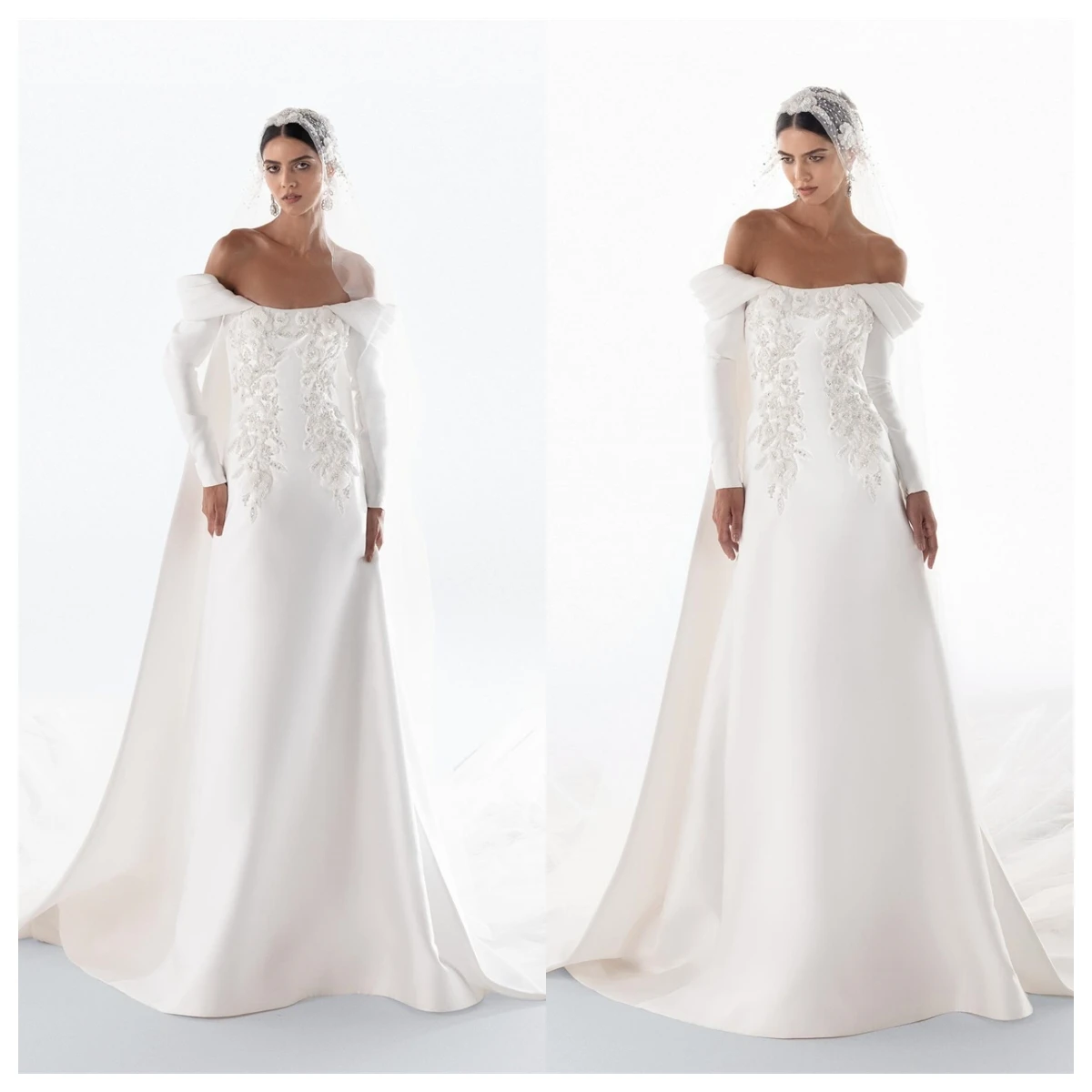CustomizedCustomized Exquisite White Satin Evening Dress Boat Neck Off the Shoulder Long Sleeves Bridal Gowns Appliques Bridal P image 3