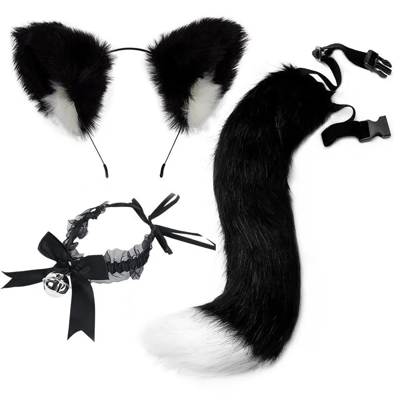 

Cat simulation beast ears plush headband cat ears cat tail a complete set of cosplay headband accessories fox set