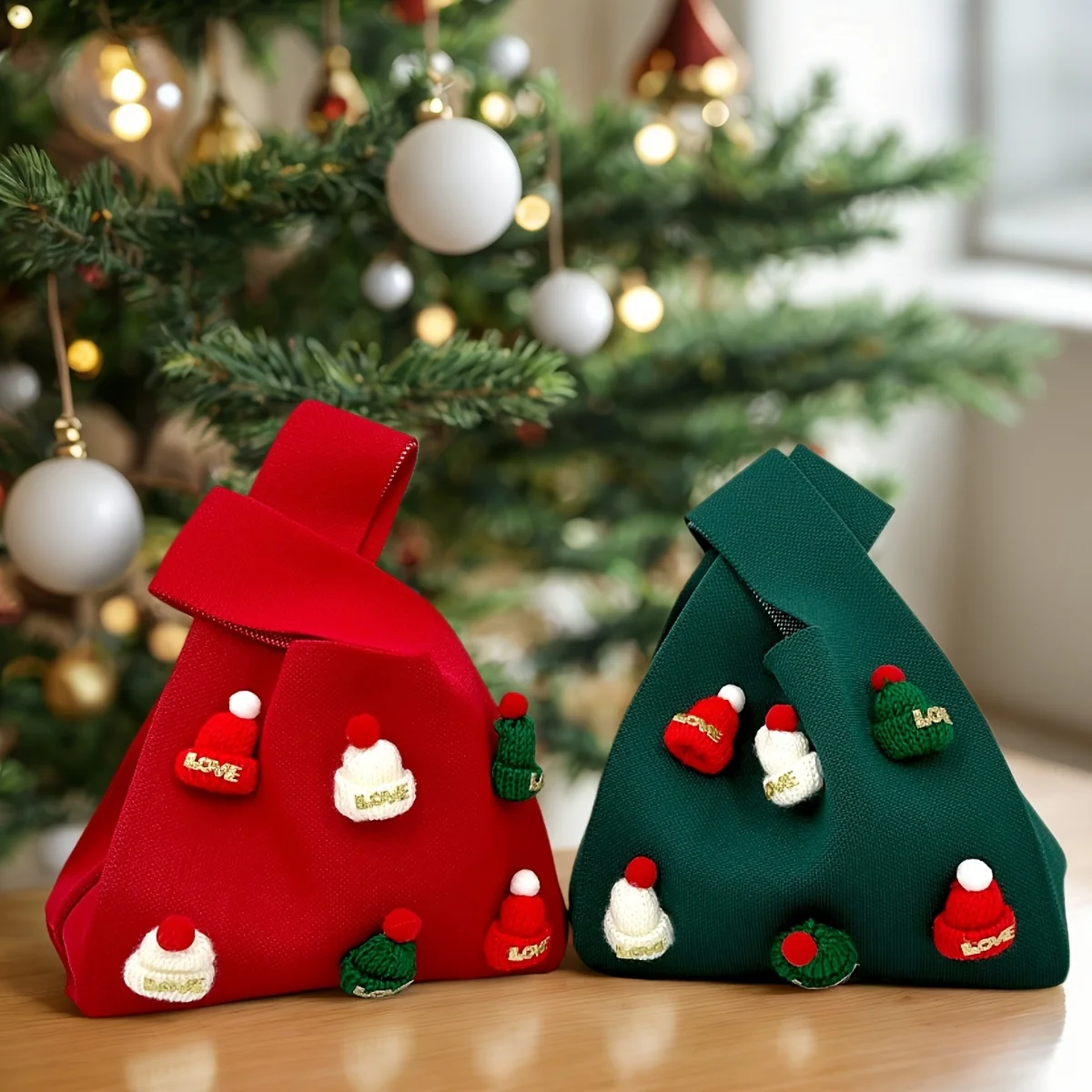 

Рождественская вязаная сумка ручной работы, мини-сумка на запястье с узлом, многоразовые сумки для покупок с 3D украшением в шляпе, подарочная сумка