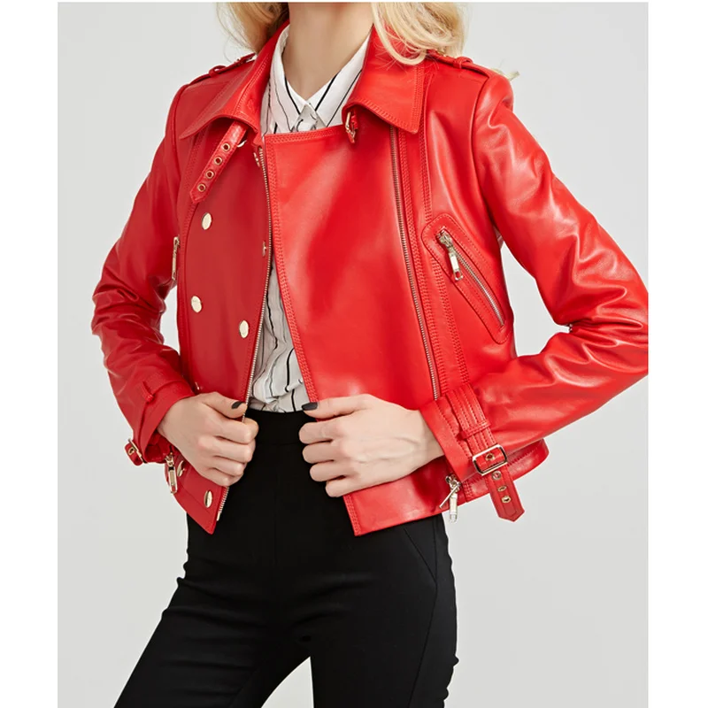 Abrigo de motocicleta de cuero genuino para mujer, Chaqueta corta de piel de cordero roja grande, doble botonadura, piel de oveja Real, Primavera, nuevo