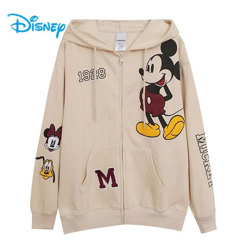 Disney Mickey Minnie Mouse Embroidery Hooded Sweatshirt Women Zip Up Fleece Hoodies Tops Casual Cartoon Jumper Jacket Streetwear