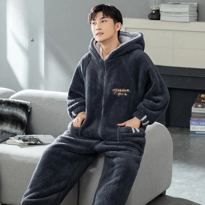 New Sleepwear Winter One-piece Pajama Men's One-piece Soft Velveteen Plus Velvet-thickened Men's Homewear Can Be Worn Outside