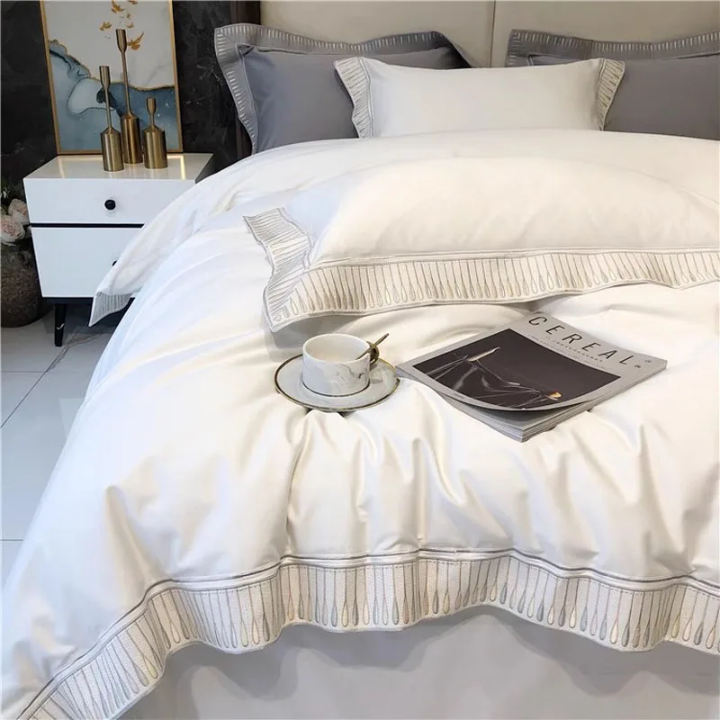 2024 High-end Light Luxury Style Long-staple Cotton Four-piece Set Pure Cotton New Sate Embroidery Quilt Set Bedding White Color