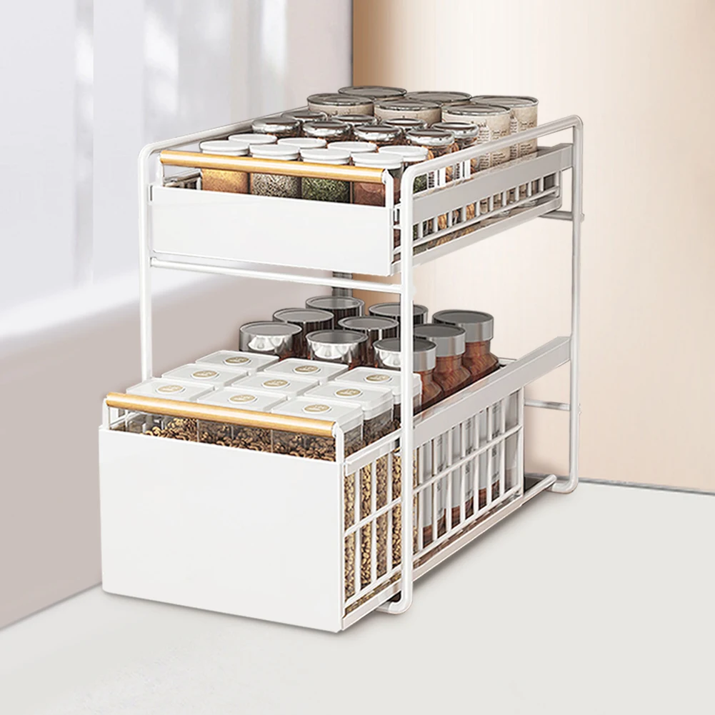 

2-Tier Cabinet Storage Rack with Hooks Multifunction Storage Holder Under Sink Basket Drawer for Bathroom Bedroom Skin Care