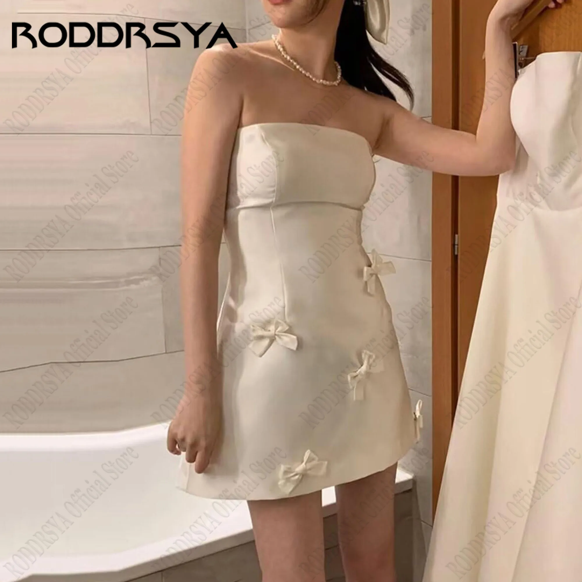 

RODDRSYA Satin Mini Wedding Dresses A-Line Strapless Sleeveless Simple Bride Gowns Knee Length Bow 웨딩드레스 Zipper Custom Made