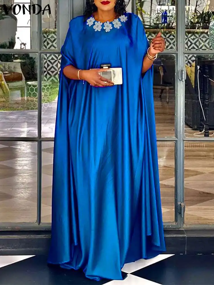 Plus Size 5XL VONDA Bohemian Women Long Maxi Dress Fashion Summer Satin Sundress Round Neck 3/4 Bat Sleeve Party Vestidos Robe